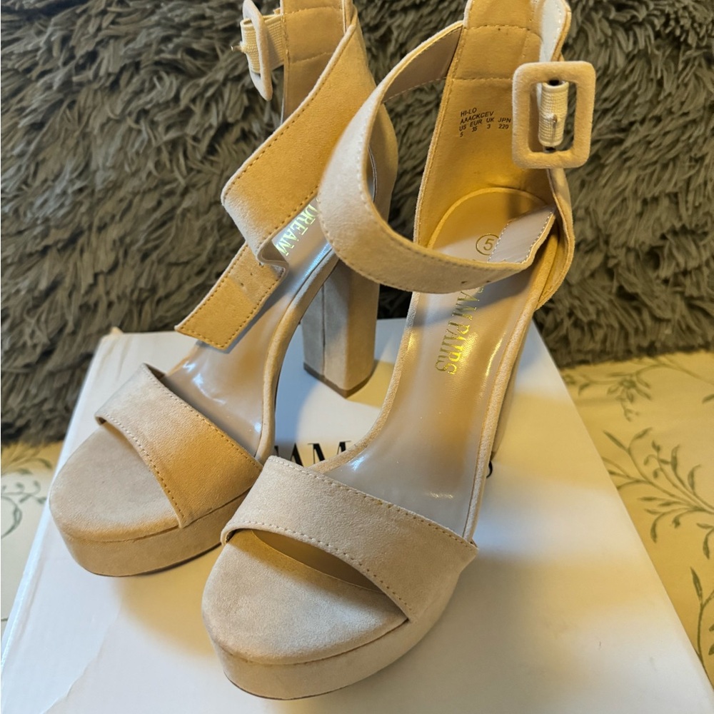 Nude suede platform heels